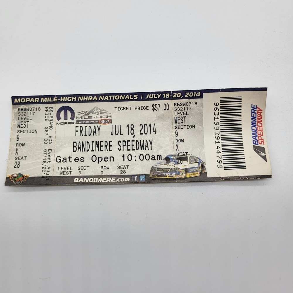 Mopar NHRA Mile High Nationals Bandimere Speedway Ticket Stub Jul 18 2014 Denver
